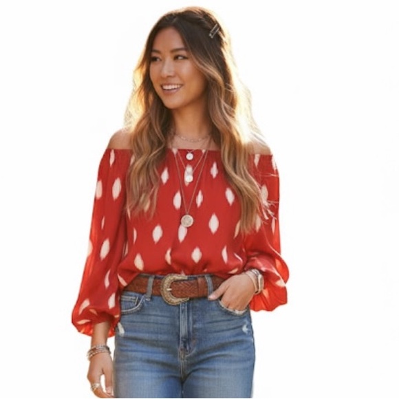Vince Camuto Balloon Sleeve Silky Loose Drapey Top Blouse Off Shoulder Crew Dots - Picture 1 of 14